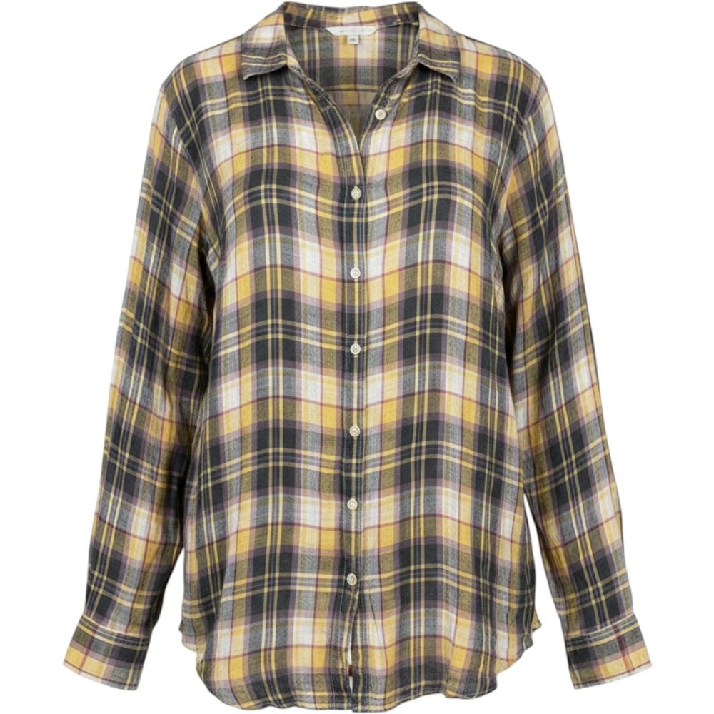 CP Shades Womens XL Plaid Linen Button Down Shirt Yellow Purple Made in USA